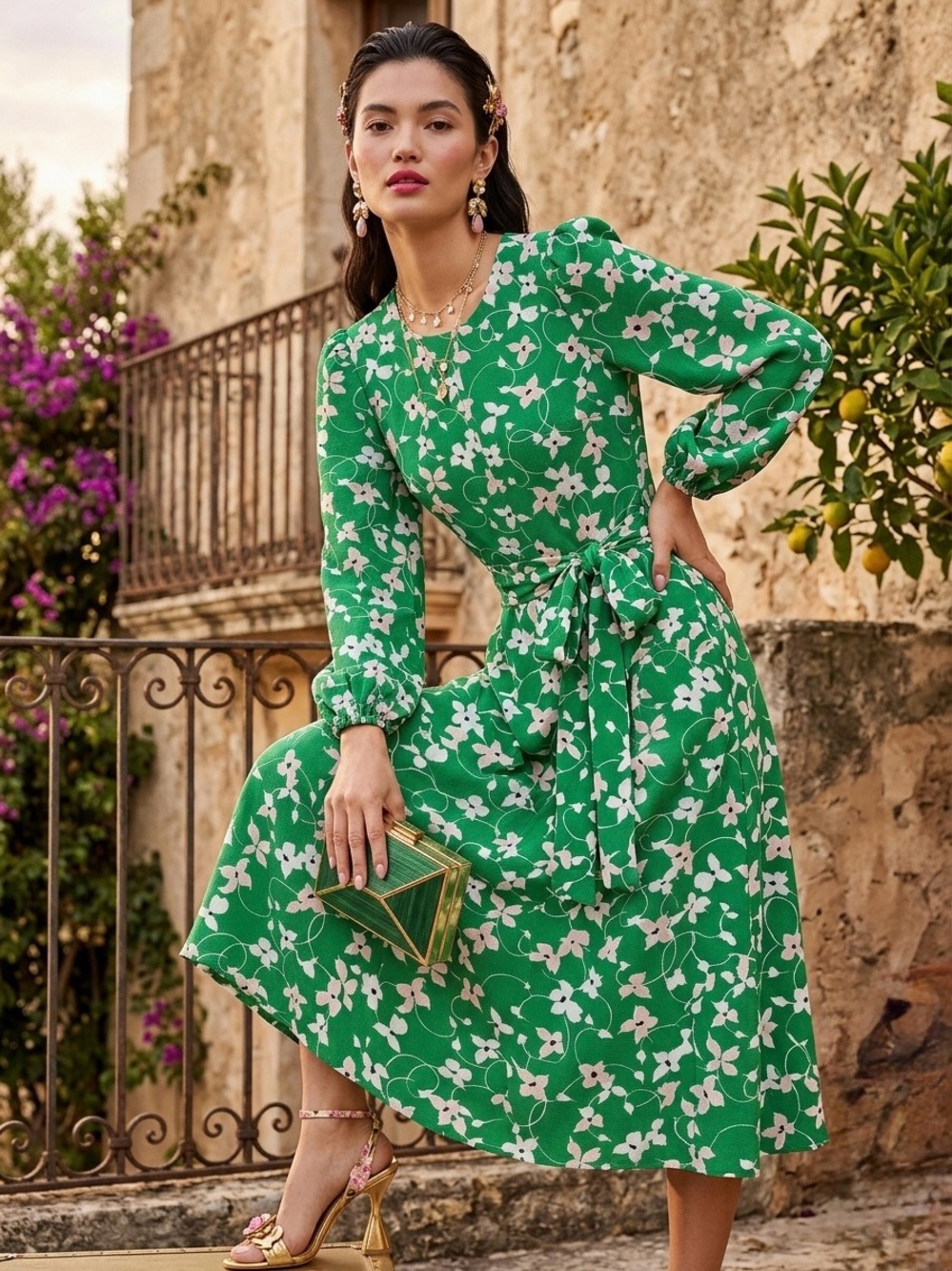 Eliza J Green Floral Puff Sleeve Crepe Dress with Pockets - Size 6